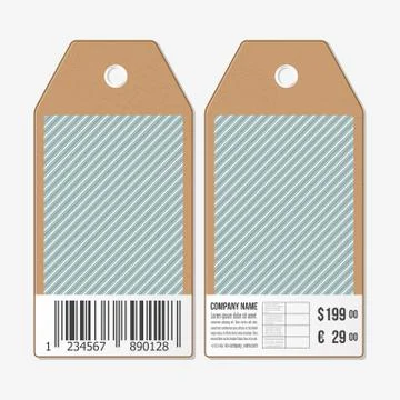 Vector tags design on both sides, cardboard sale labels with barcode. Vintage Illustrazione stock