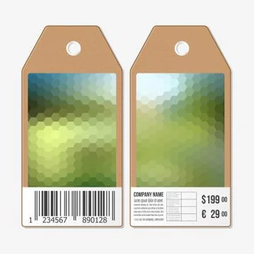 Vector tags design on both sides, cardboard sale labels with barcode. Polygonal Illustrazione stock