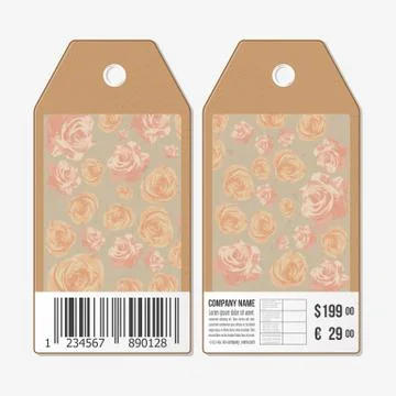 Vector tags design on both sides, cardboard sale labels with barcode. Hand drawn Illustrazione stock