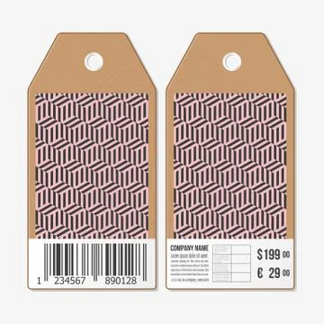 Vector tags design on both sides, cardboard sale labels with barcode. Recurring Illustrazione stock