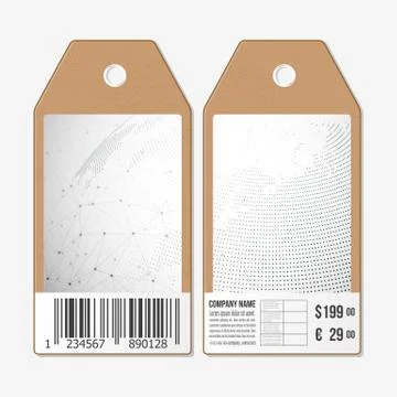 Vector tags design on both sides, cardboard sale labels with barcode. Dotted Illustrazione stock