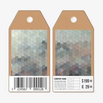 Vector tags design on both sides, cardboard sale labels with barcode. Polygonal Stock Illustration