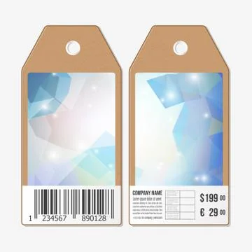 Vector tags design on both sides, cardboard sale labels with barcode. Polygonal 스톡 일러스트