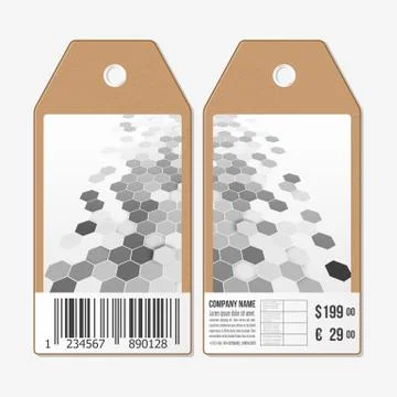 Vector tags design on both sides, cardboard sale labels with barcode. Polygonal Illustrazione stock