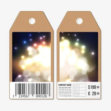 Vector tags design on both sides, cardboard sale labels with barcode. Firework Illustrazione stock
