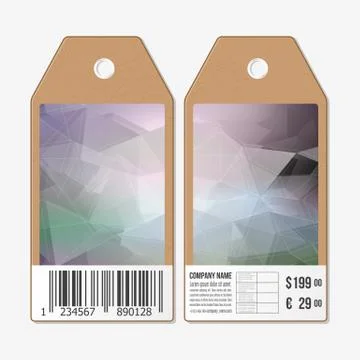 Vector tags design on both sides, cardboard sale labels with barcode. Polygonal Illustrazione stock