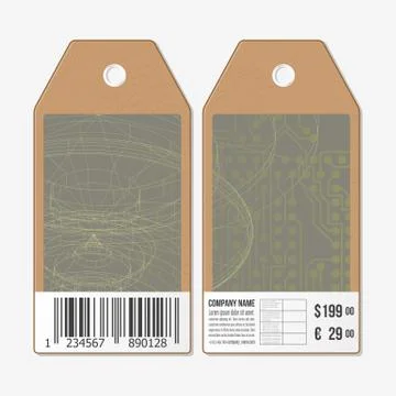 Vector tags design on both sides, cardboard sale labels with barcode. Abstract Illustrazione stock