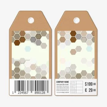 Vector tags design on both sides, cardboard sale labels with barcode. Polygonal Illustrazione stock