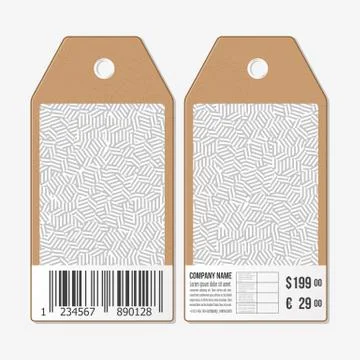 Vector tags design on both sides, cardboard sale labels with barcode. Geometric Stock Illustration