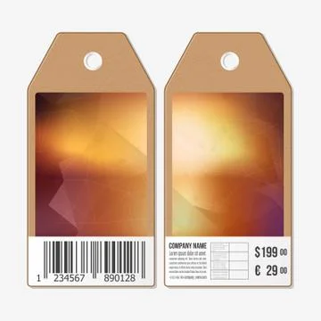 Vector tags design on both sides, cardboard sale labels with barcode. Polygonal Illustrazione stock