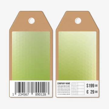 Vector tags design on both sides, cardboard sale labels with barcode. Blurred Illustrazione stock