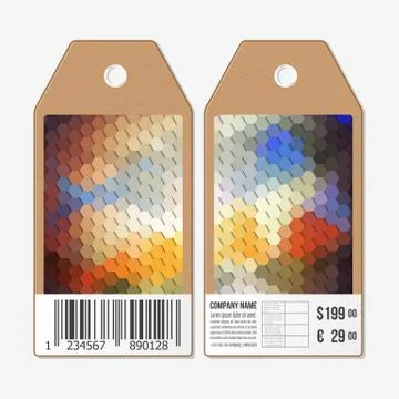 Vector tags design on both sides, cardboard sale labels with barcode. Polygonal Illustrazione stock