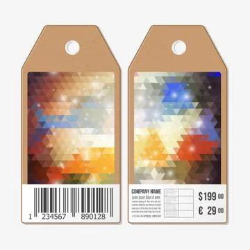 Vector tags design on both sides, cardboard sale labels with barcode. Polygon Illustrazione stock