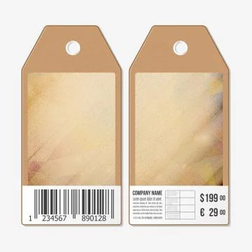 Vector tags design on both sides, cardboard sale labels with barcode. Wooden  Illustrazione stock