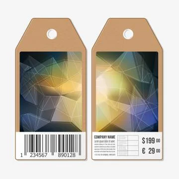 Vector tags design on both sides, cardboard sale labels with barcode. Polygonal Stock Illustration