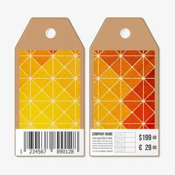 Vector tags design on both sides, cardboard sale labels with barcode. Polygonal Illustrazione stock