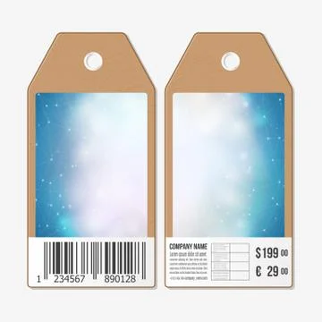 Vector tags design on both sides, cardboard sale labels with barcode. Blurred イラスト素材
