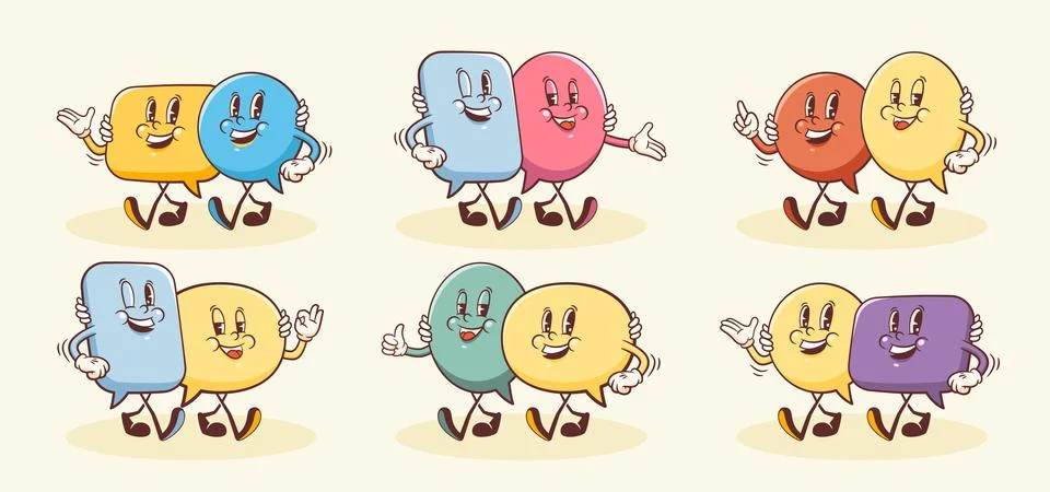 Vector Talk Language Learning Groups of Characters Illustrations Set. Groovy Stock Illustration