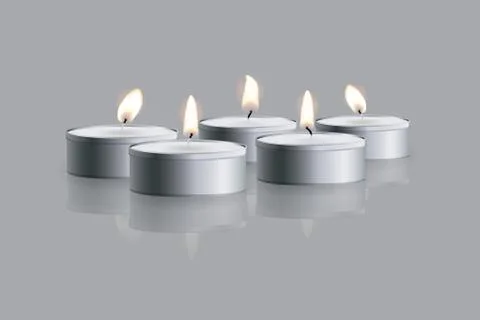 Vector Tea candles on grey background with mirror reflection. Stock Illustration