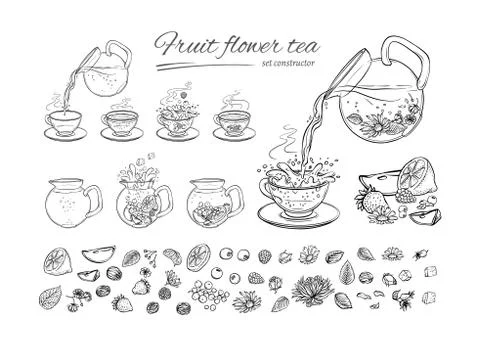 Vector tea constructor herbs and fruits brew procedure. Sequence make hot or Stock Illustration