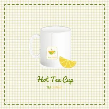 Vector tea cup close up with logo and lemon slices Stock Illustration