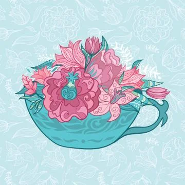 Vector Tea Cup with Spring Flowers Stock Illustration