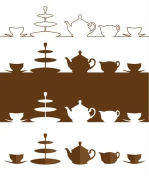 Vector. Tea set. A silhouette of a tea pot, milk jug, cups, saucers and 3 tier Stock Illustration