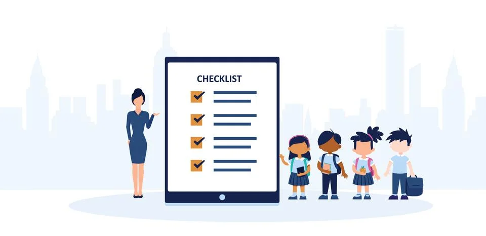 Vector of a teacher and a group of students standing by a checklist Illustrazione stock