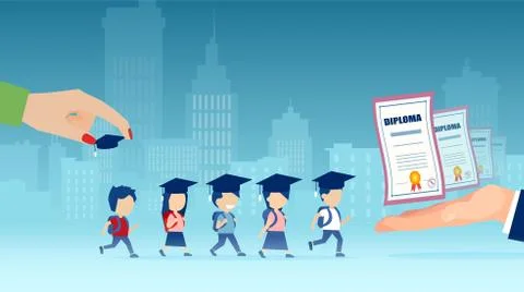 Vector of a teacher hand putting on graduation caps on children and giving di Stock Illustration