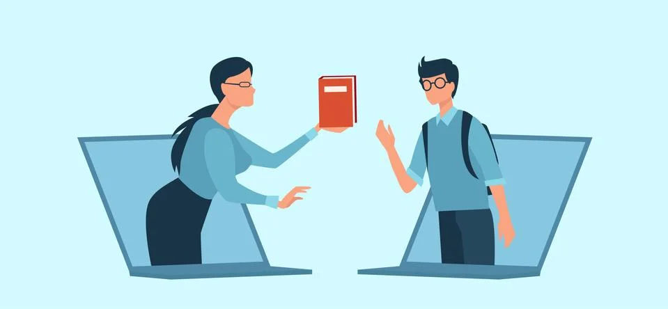 Vector of a teacher sharing knowledge a book with a student via computer netw Stock Illustration