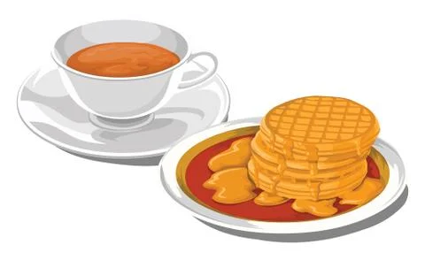 Vector of teacup with pancakes for breakfast. Stock Illustration