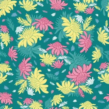 Vector teal green seamless pattern with tropical torch ginger flowers. Suitable Stock Illustration
