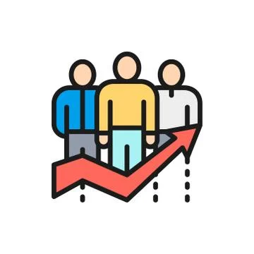 Vector team efficiency, company workers with big arrow flat color line icon Stock Illustration