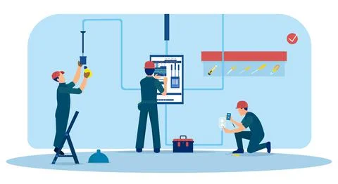 Vector of a team of electricians men working at a new home checking the elect Stock Illustration