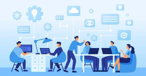 Vector of a team of people working on a new project in an open space office Stockillustratie