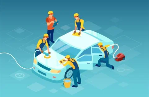 Vector of a team workers carries out a complex car wash Stock Illustration