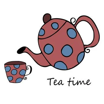 Vector teapot and cup with text teatime. Hand drawn doodle kitchen elements o Stock Illustration