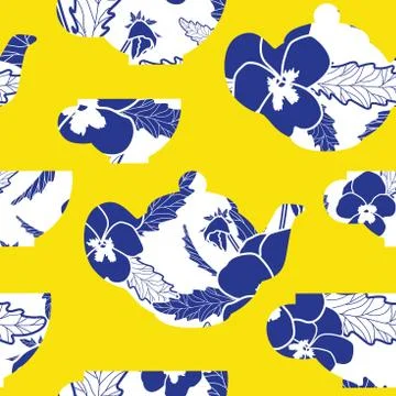 Vector teapot and cups with royal blue pansy pattern on yellow background Stock Illustration