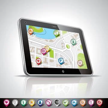 Vector technology styled illustration with shiny pda device and pointer set.  Stock Illustration