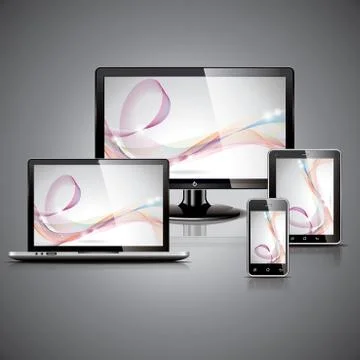 Vector technology styled illustration with shiny devices on gray background.  Illustrazione stock