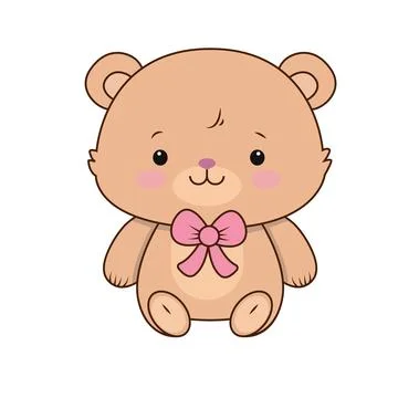 Vector teddy bear with pink tie icon. Vector brown toy bear with cute smile icon Illustrazione stock