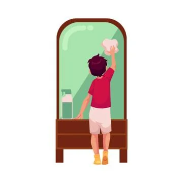 Vector teen boy cleaning mirror by rag Stock Illustration