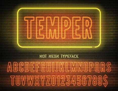 Vector Temper night light sign and narrow orange neon hollow font with numbers Stock Illustration