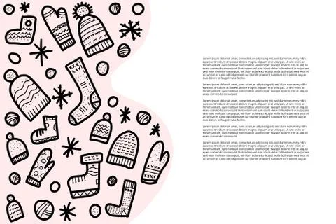 Vector template for banner with knitted winter clothes. Warm socks, beanies,  Stock Illustration