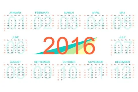 Vector template calendar 2016 years. Week starts with sunday Stock Illustration