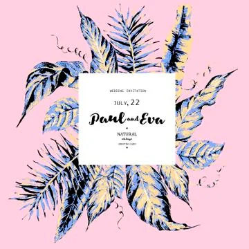 Vector template card of green tropical leaves on pink background 库存插图