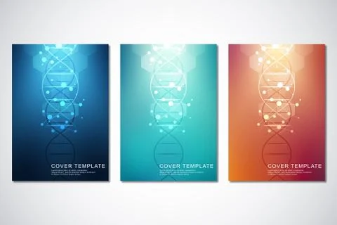 Vector template for cover or brochure, with molecules background and DNA strand Stock Illustration
