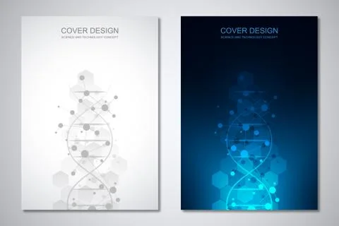 Vector template for cover or brochure, with molecules background and DNA strand Stock Illustration