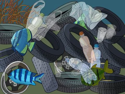 Vector template with different types of plastic garbage Stock Illustration