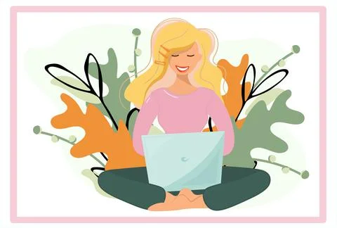 Vector template with a girl working at the computer on a background of golden Illustrazione stock